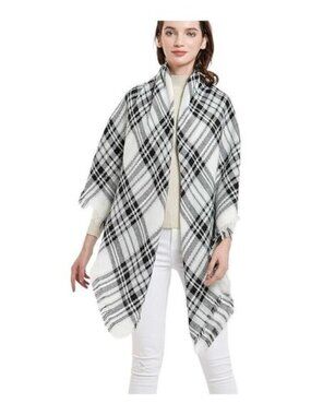 New Womens Wander Agio White & Gray Fringe Plaid Warm Blanket Winter Scarf